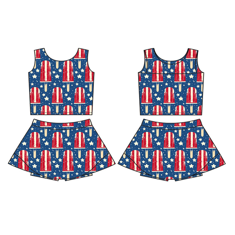 Preorder (moq 5)Baby Girls Hot Blue Sleeveless Stars Popsicle Top Skort Yoga Active 4th Of July Set