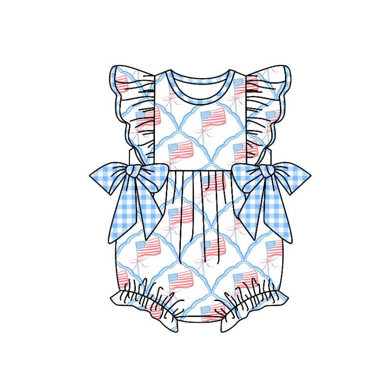 Preorder moq 5 Baby Girls Flutter Sleeves Blue Plaid Bows Flags 4th Of July Ruffle Rompers