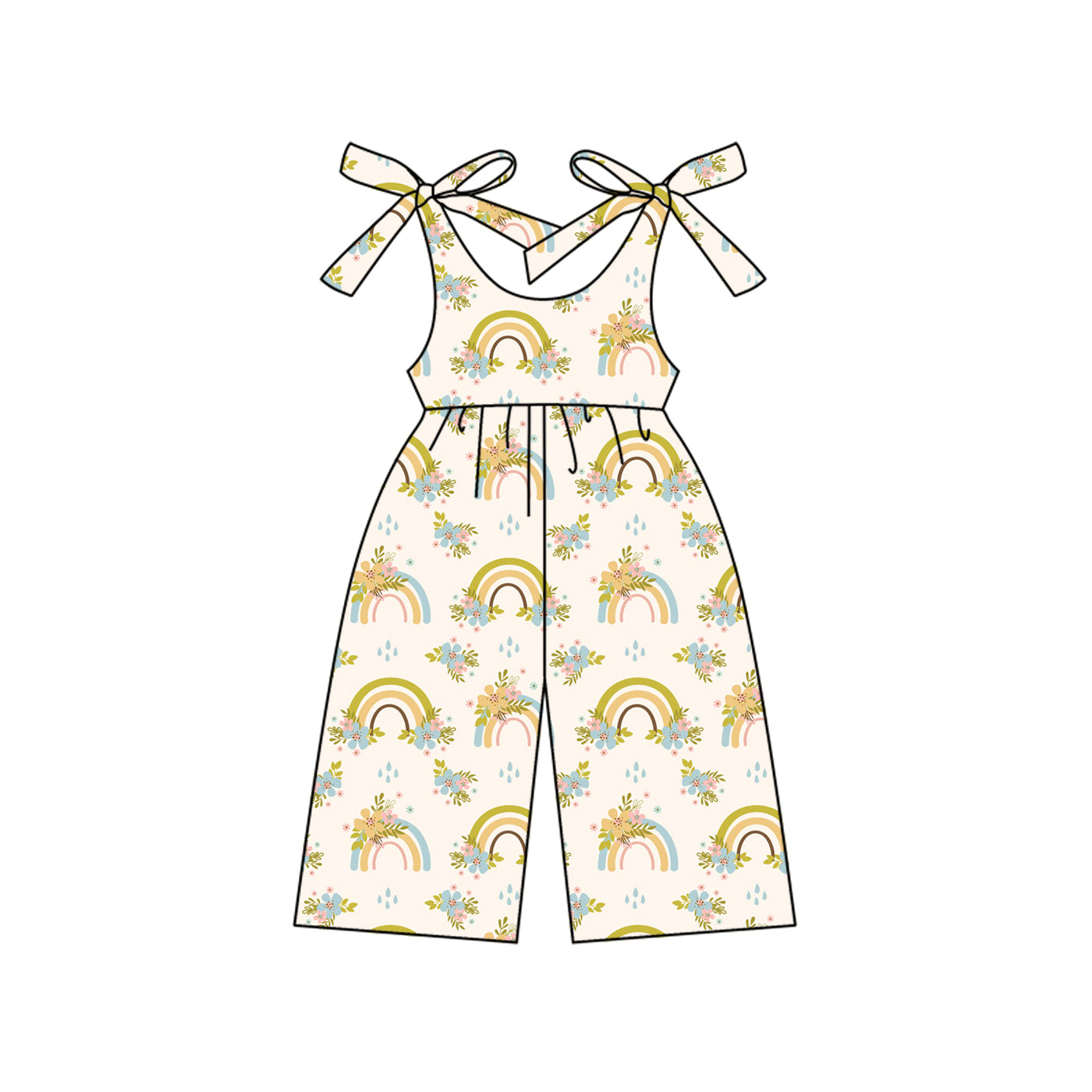 Preorder (moq 5)Baby Girls Strap Yellow Rainbows Floral Jumpsuits