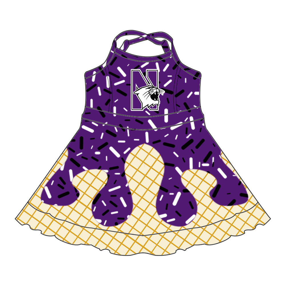 Preorder (moq 5)Baby Girls Strap Purple N Drip Shorts Ruffle Team Knee Length Dresses