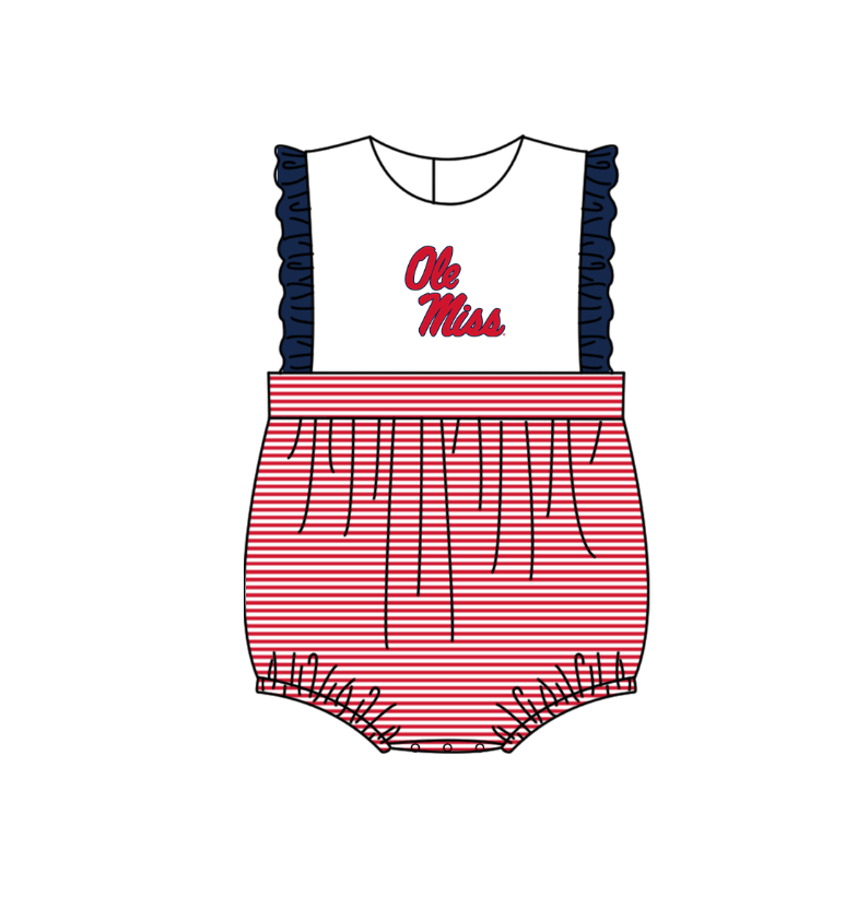 Preorder (moq 5)Baby Girls Sleeveless Ole Miss Team Ruffle Rompers