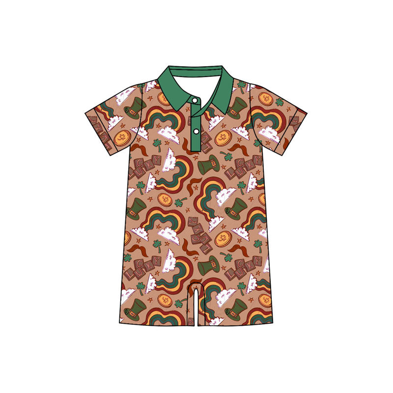 Preorder (moq 5)Baby Boys Short Sleeve Clovers Hats Button Shorts St Patrick Rompers