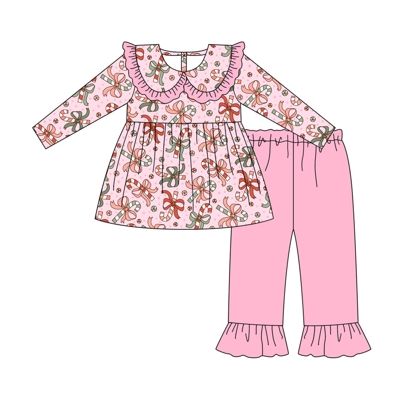 Preorder (moq 5)Baby Girls Long Sleeves Bows Candy Cane Tunic Ruffle Pant Clothes Set