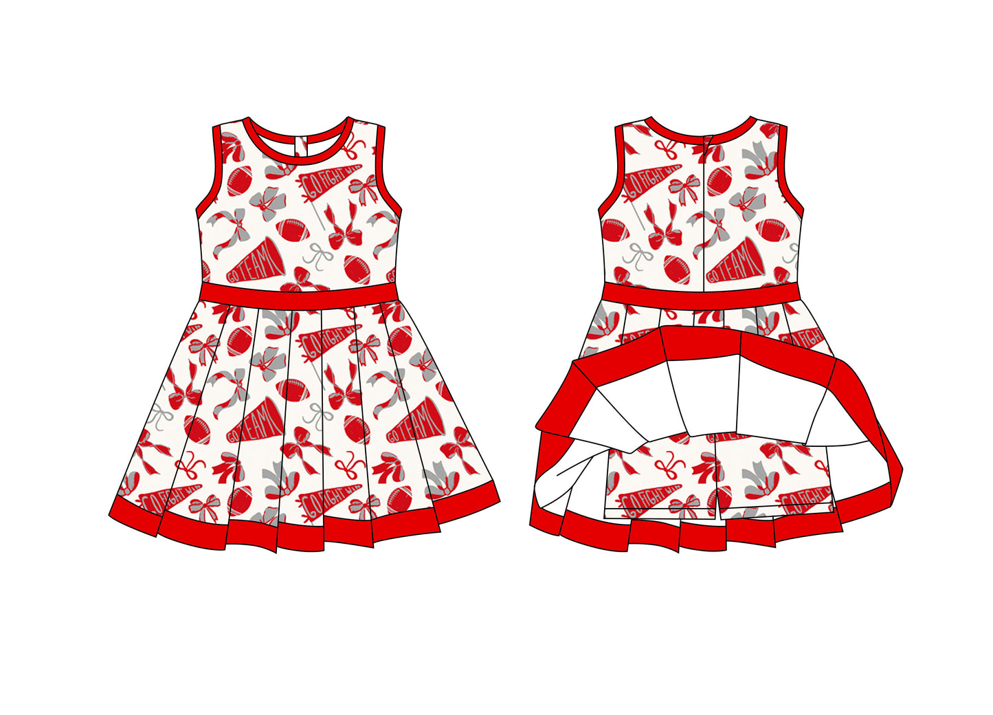 Preorder moq 8 Baby Girls Red Grey Bows Footballs Back Zip Shorts Team Ruffle Knee Length Dress