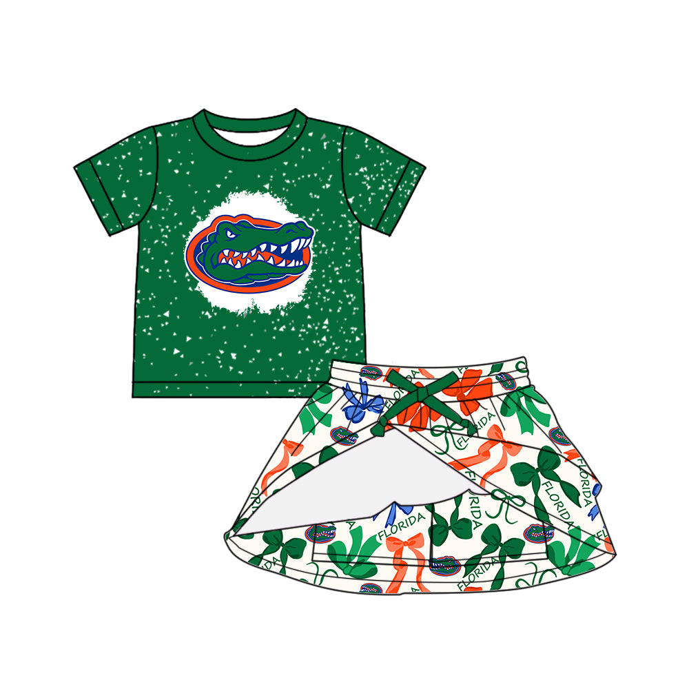 Preorder (moq 5)Baby Girls Green Short Sleeves Crocodiles Top Bows Plaid Skorts Team Set