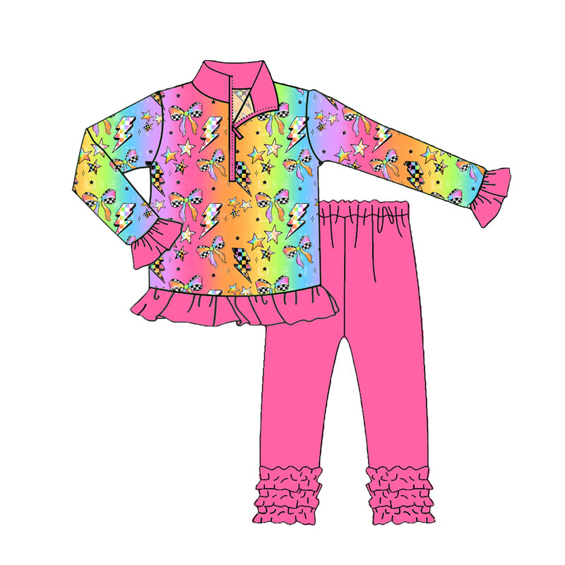 Preorder (moq 5)Baby Girls Colorful Bows Lights Zipper Pullover Legging Pant Set