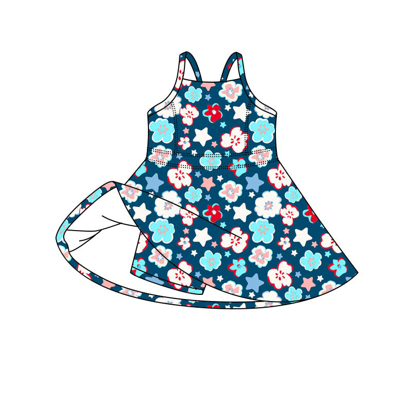 Preorder moq 5 Baby Girls Strap Flower Stars 4th of July Shorts Knee Length Dresses