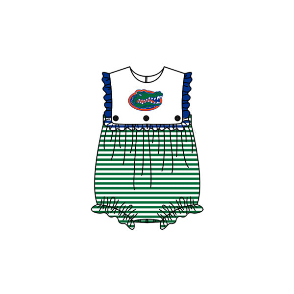 Preorder (moq 5)Baby Girls Sleeveless Green Stripe Crocodiles Team Ruffle Rompers