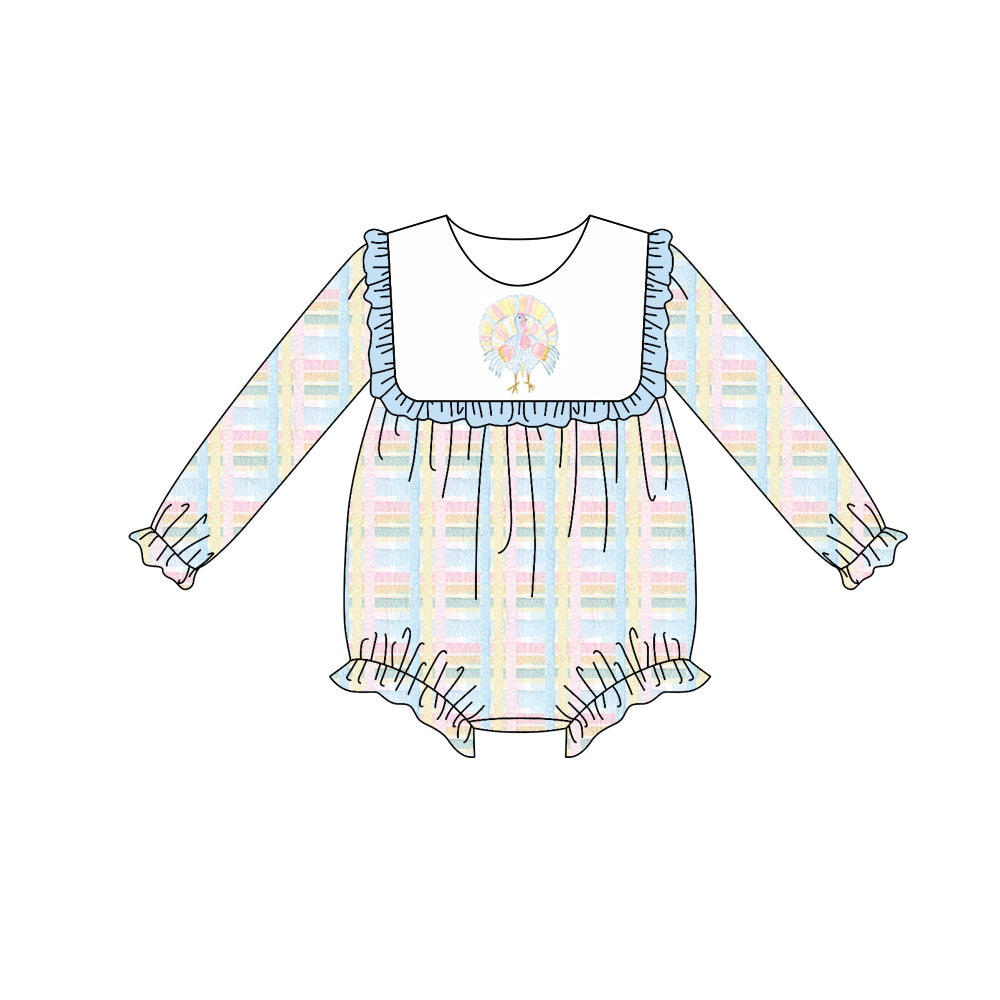 Preorder (moq 5)Baby Girls Long Sleeves Turkey Plaid Ruffle Rompers