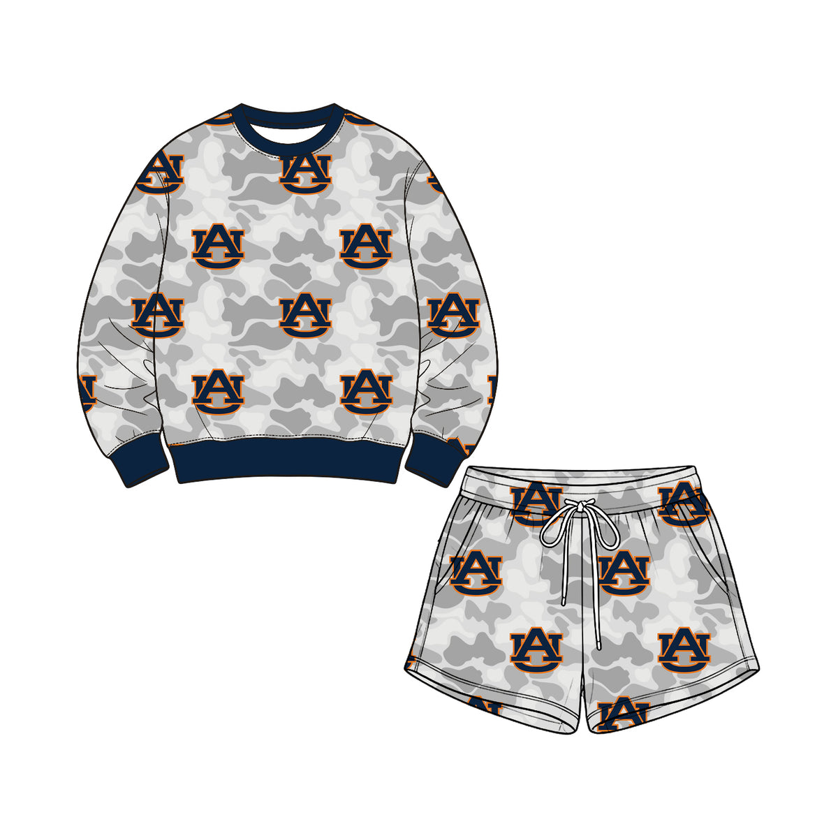 Preorder (moq 5) Baby Girl Clothes Auburn Tigers Camo Logo Print Long Sleeve Top Drawstring Shorts Outfit Set