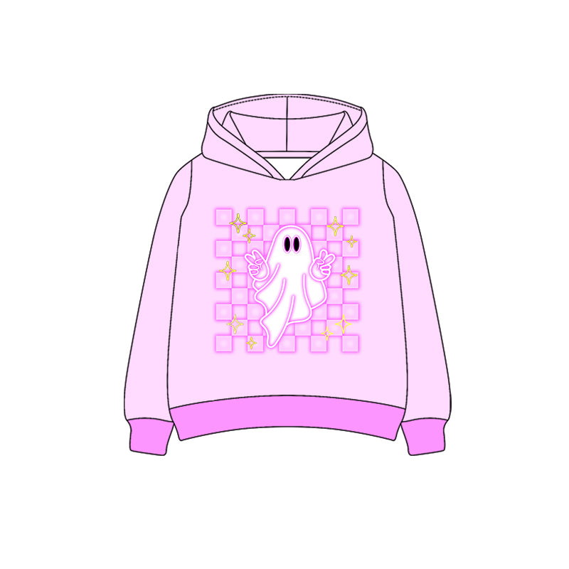 Preorder (moq 5)Baby Girls Pink Long Sleeves Plaid Ghost Print Hoodies Top