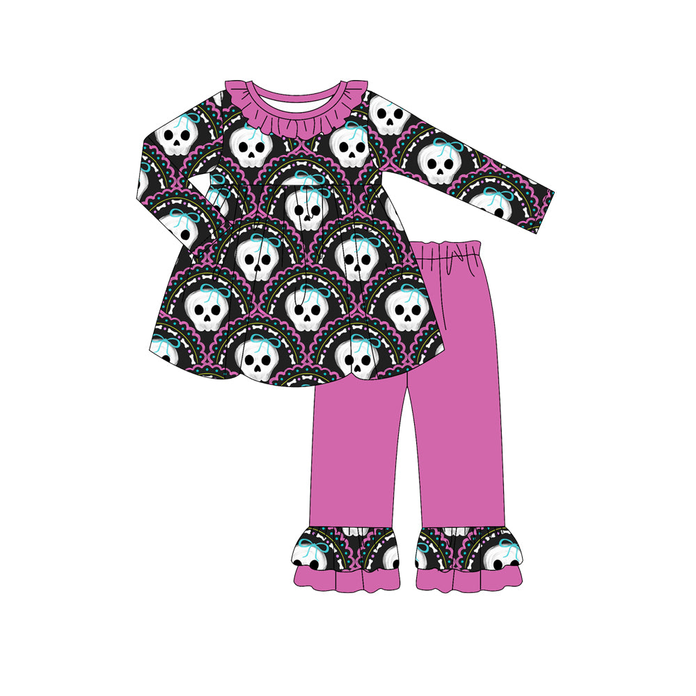 Preorder (moq 5)Baby Girls Long Sleeves Turquoises Bows Skull Tunic Ruffle Pant Sets