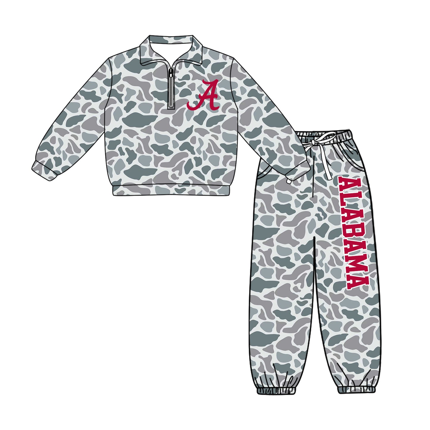 Preorder(moq 5)Baby Boys Grey Camo Alabama Zip Pullover Pockets Joggers Team Clothes Sets