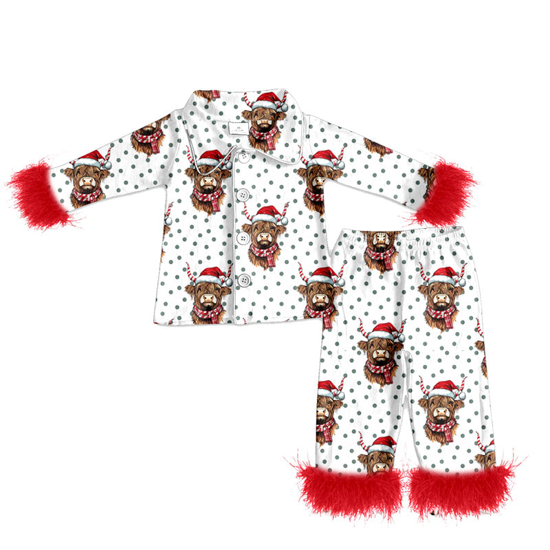 preorder(MOQ 5)Baby Girls Christmas Highland Cow Fur Top Pants Pajamas