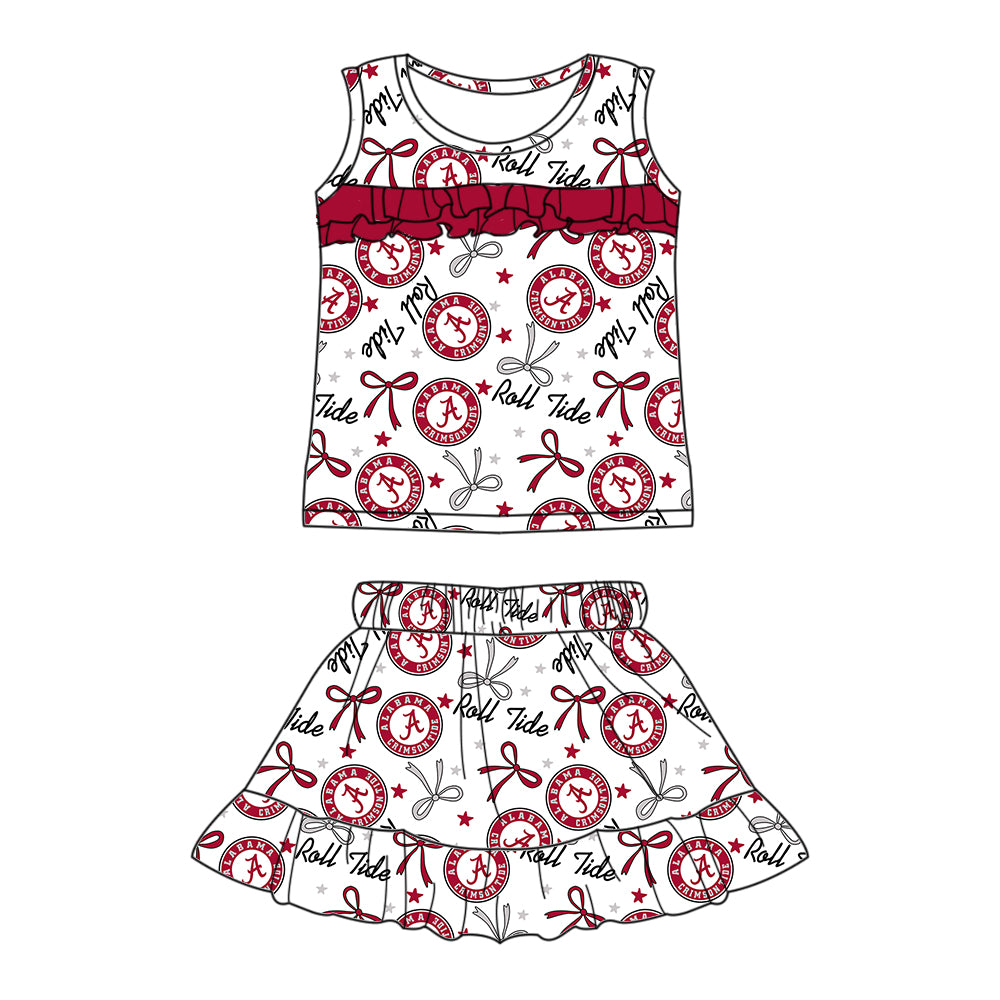 Preorder (moq 5)Baby Girls Sleeveless Red A Roll Tide Bows Stars Top Ruffle Skorts Team Set