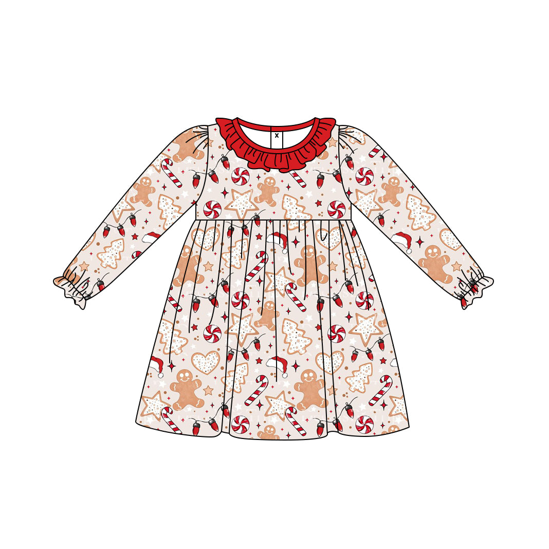 Preorder (moq 5)Baby Girls Long Ruffle Sleeves Gingerbread Candy Cane Knee Length Dresses