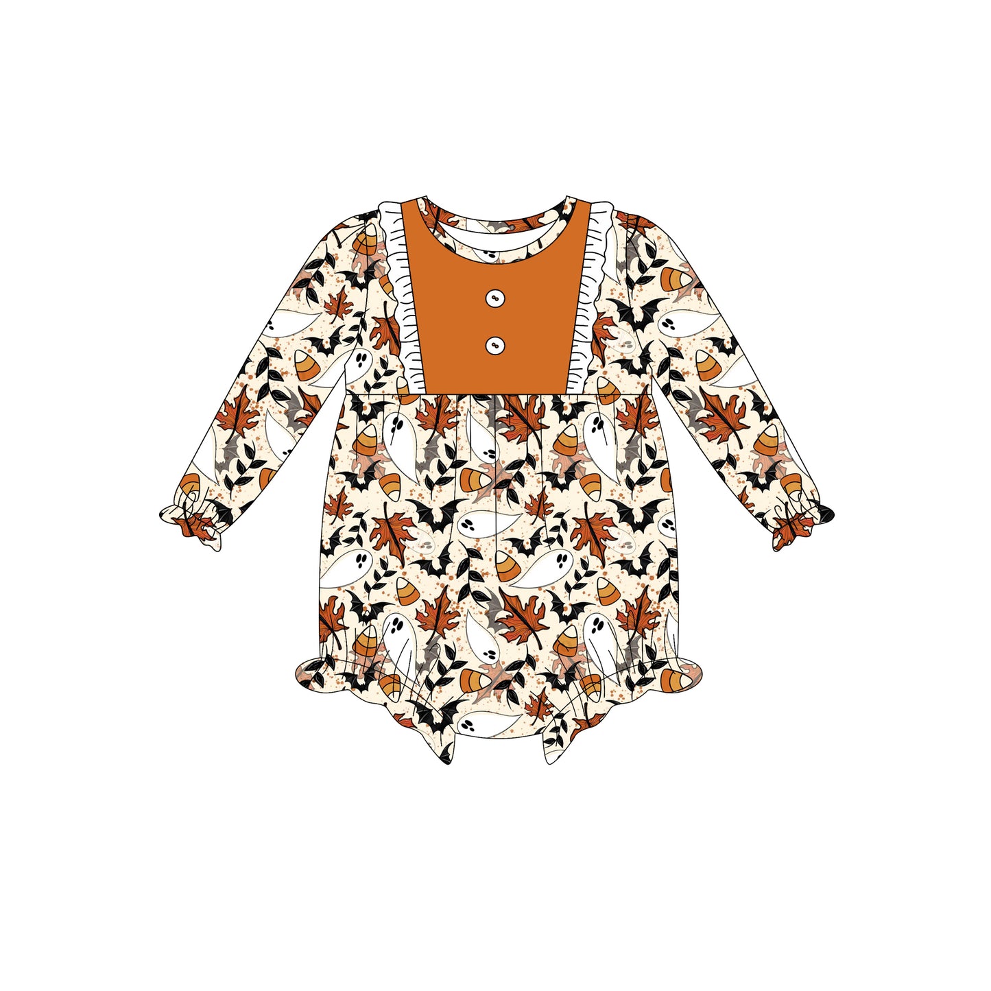 Preorder (moq 5)Baby Girls Long Sleeves Ghost Pumpkins Bats Plaid Button Ruffle Romper