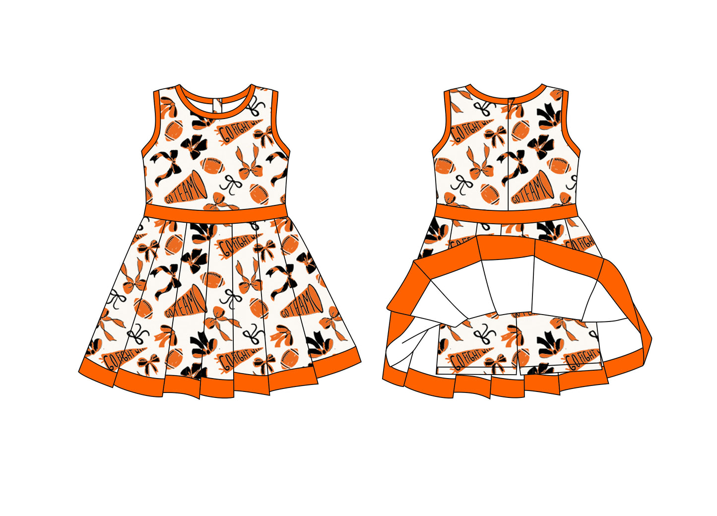 Preorder moq 8 Baby Girls Orange Black Bows Footballs Back Zip Shorts Team Ruffle Knee Length Dress