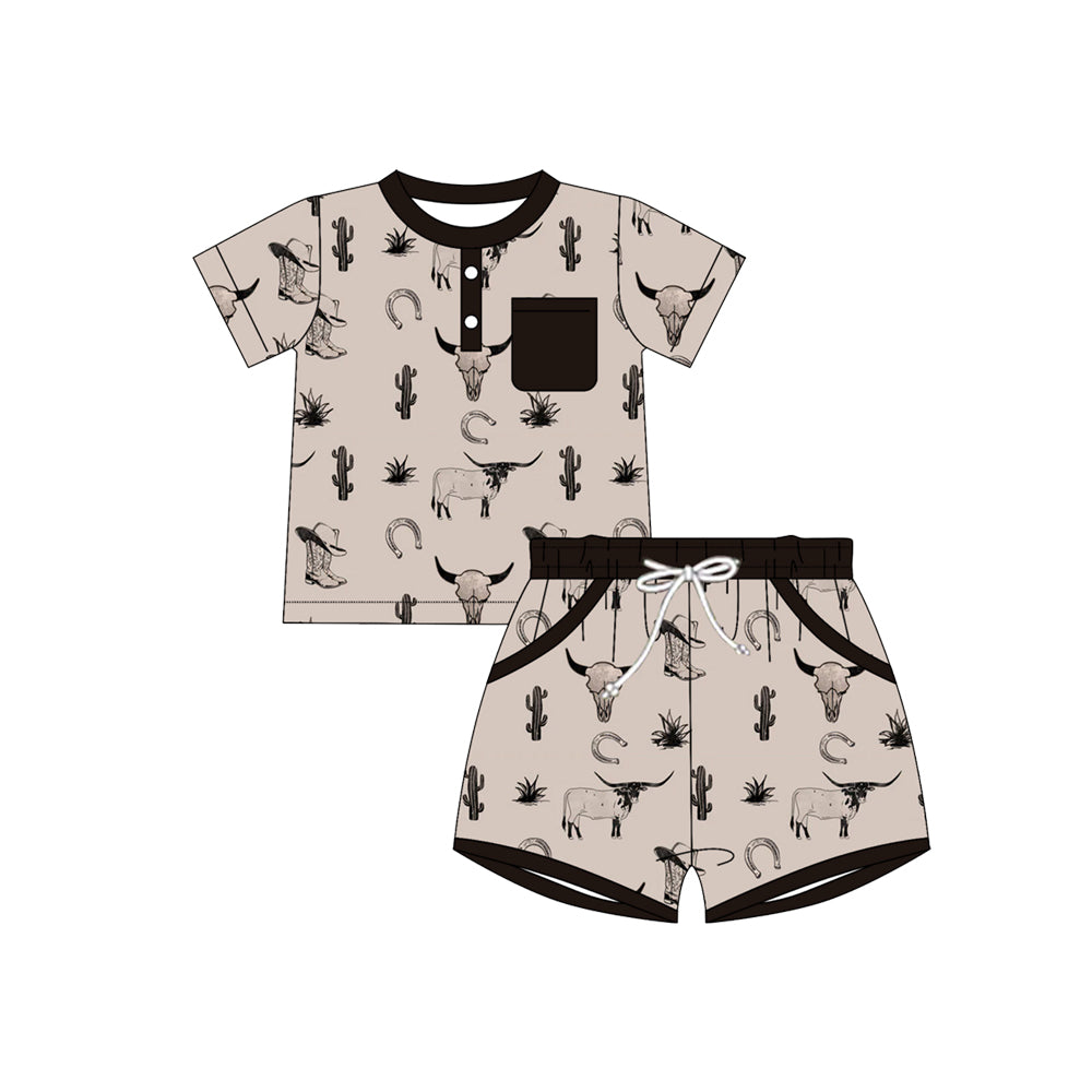 Preorder(moq 5) Baby Boys Cactus Bull Skulls Button Top Pocket Shorts Western Clothes Sets
