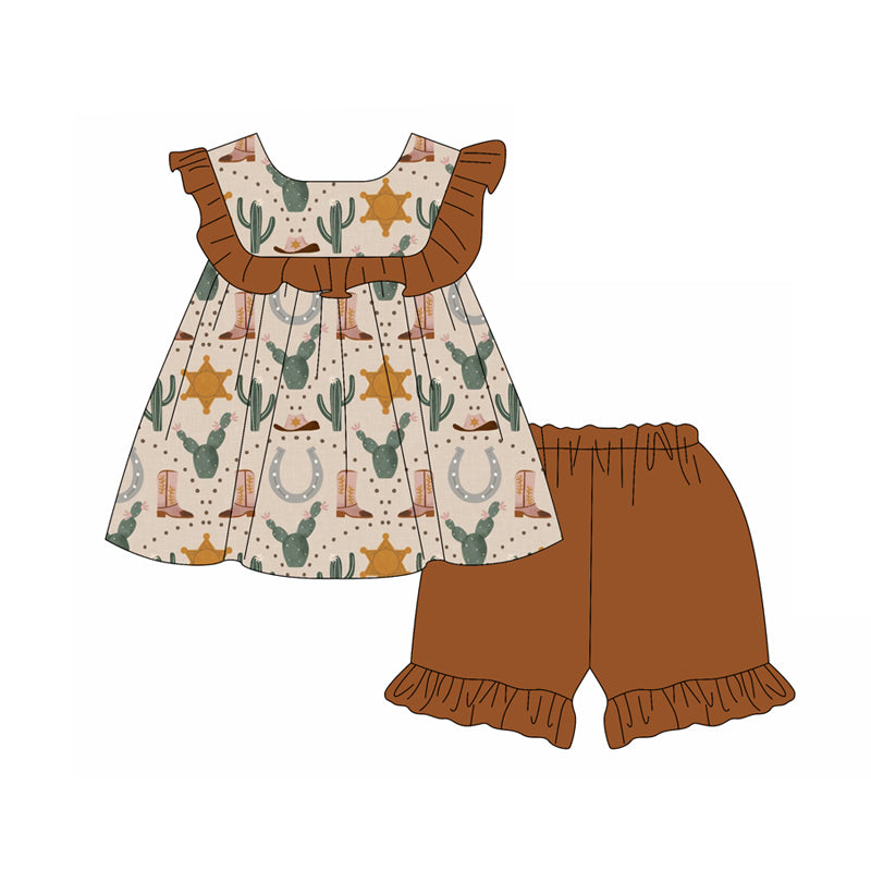 Preorder (moq 5)Baby Girls Cactus Boots Brown Round Collar Tunic Ruffle Shorts Clothes Sets