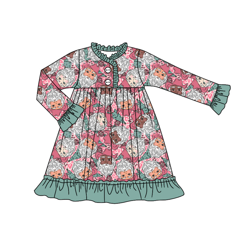 Preorder (moq 5)Baby Girls Long Ruffle Sleeves Green Leopard Santa Button Knee Length Dresses