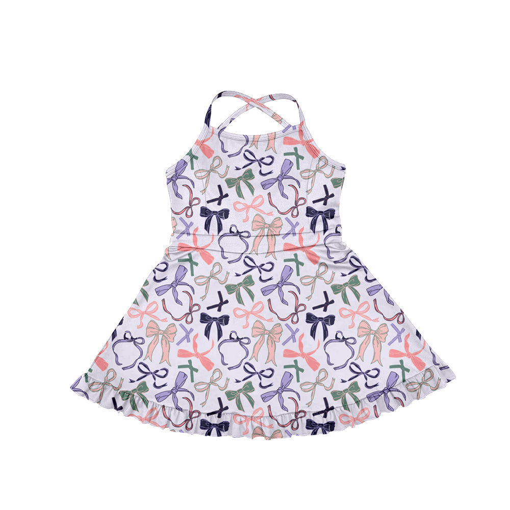 Preorder (moq 5)Baby Girls Lavender Strap Colorful Bows Activity Wear Yoga Ruffle Knee Length Dresses