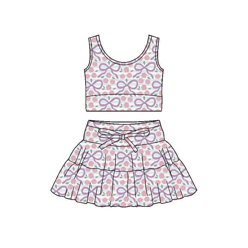 Preorder (moq 5)Baby Girls Pink Bow Flowers Stripe Vest Ruffle Skirt Shorts Clothes Sets
