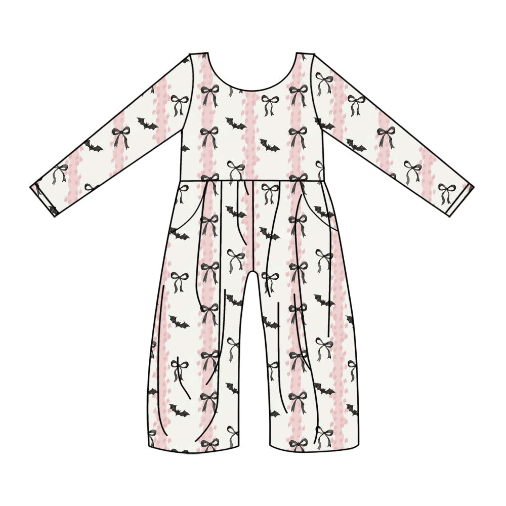 Preorder (moq 5)Baby Girls Pink Stripe Bows Bats Halloween Pockets Jumpsuits