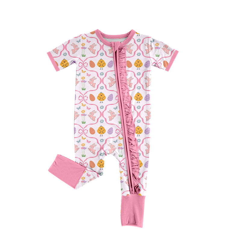 Preorder moq 5 Baby Girls’ Pink & Soft Yellow Chick and Cute Bunny Print Zip-Up Ruffle Romper