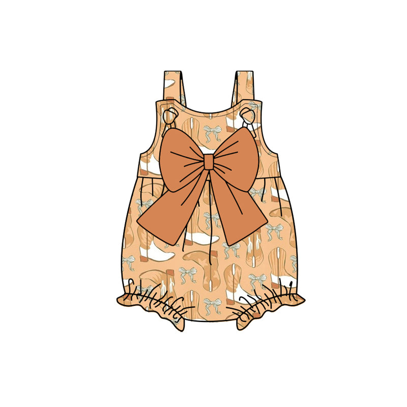 Preorder(moq 5)Baby Infant Girls Khaki Strap Boots Bow Top Summer Rompers