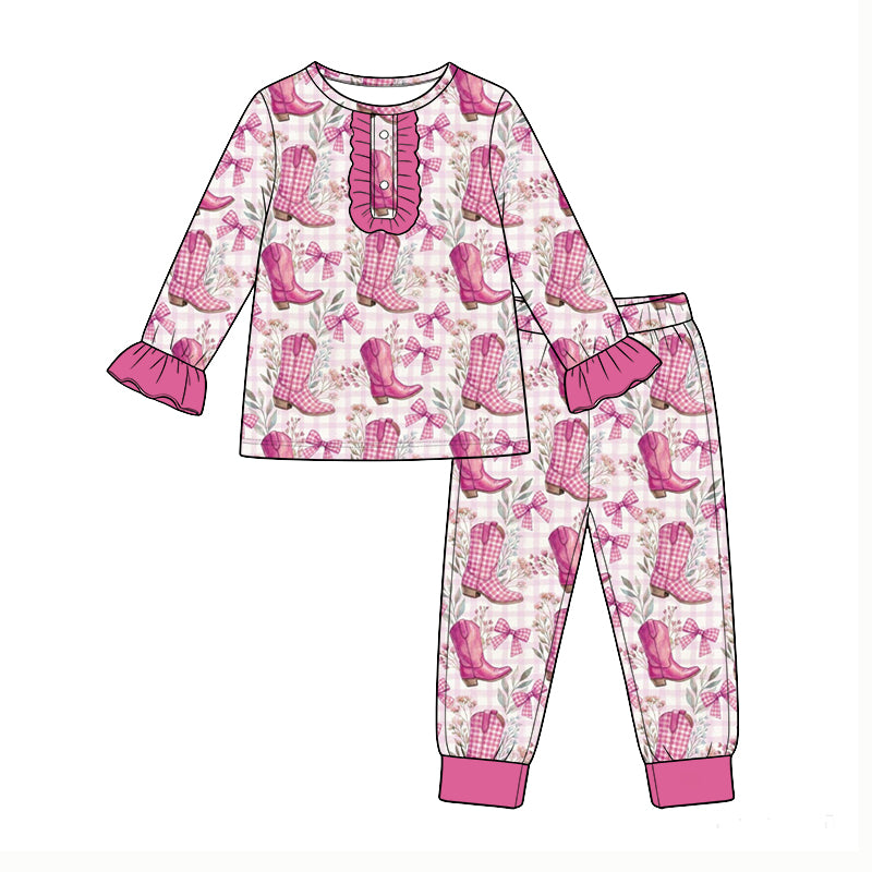 Pre-order(moq5) Girls Clothes High-Quality Cute Print Ruffle Long Sleeve 2 Piece Pajama Set