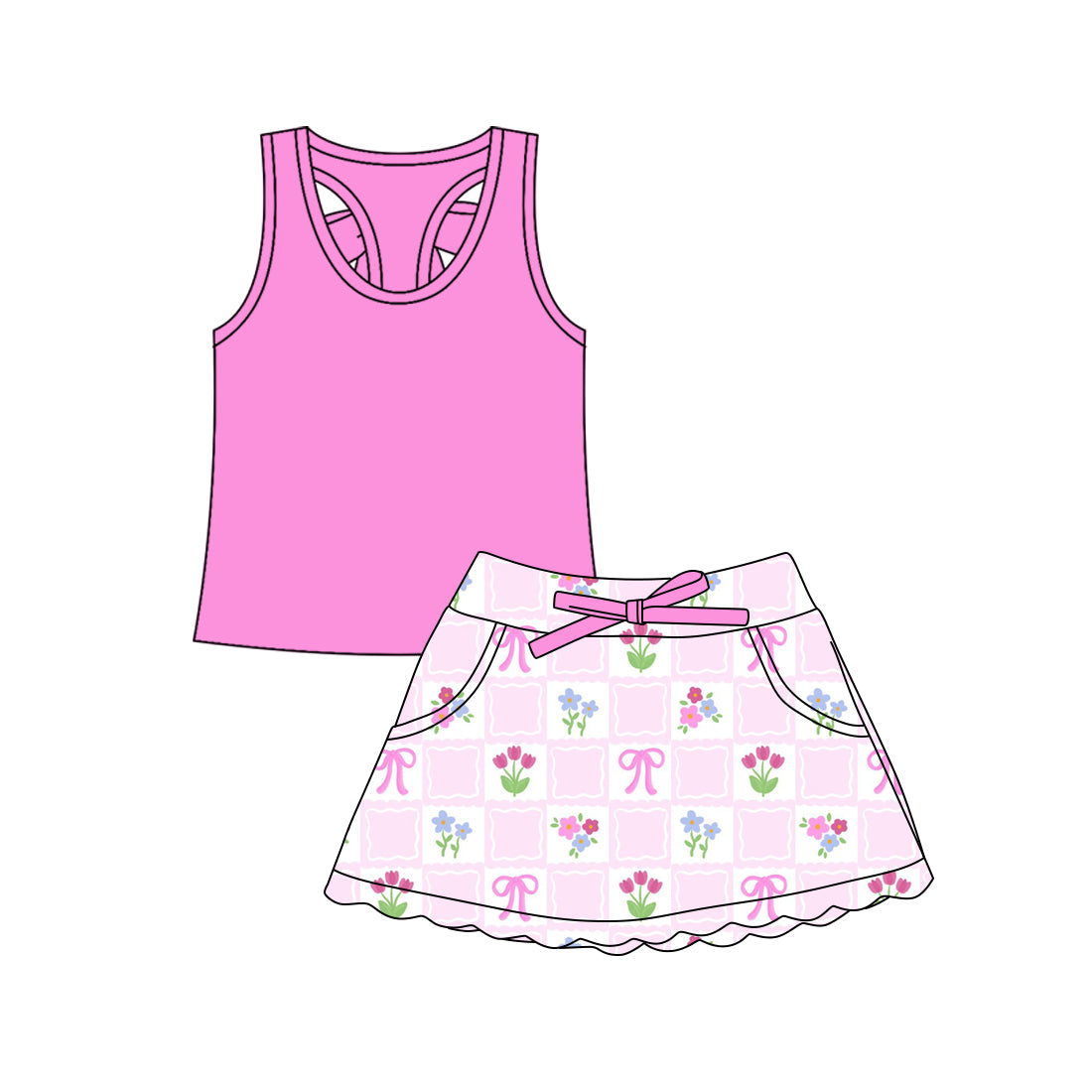 Preorder (moq 5)Baby Girls Pink Vests Flower Bows Checked Scallop Pockets Skirt Shorts Clothes Sets