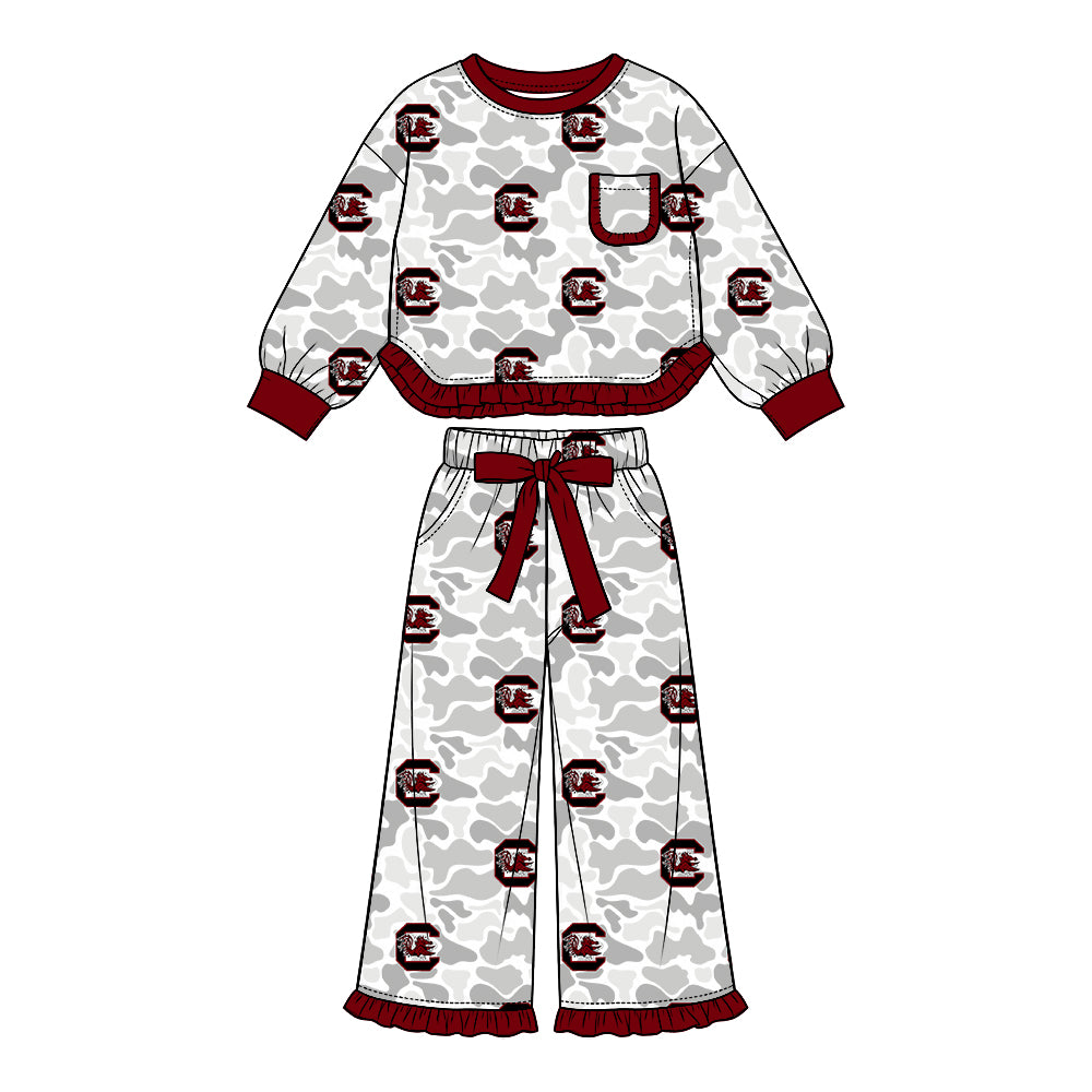 Preorder (moq 5) Baby Girl Clothes Grey Camo Circular Crest Badge Print Long Sleeve Ruffle Trim Top Wide Leg Pant Outfit Set