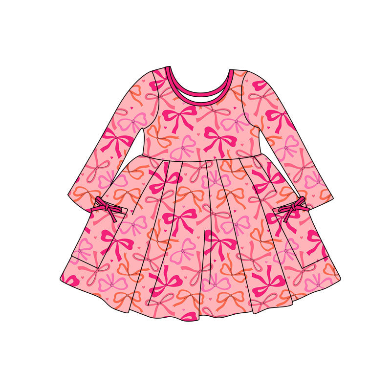 Preorder(moq 5) Baby Girls Pink Bows Hearts Pockets Valentine Knee Length Dresses