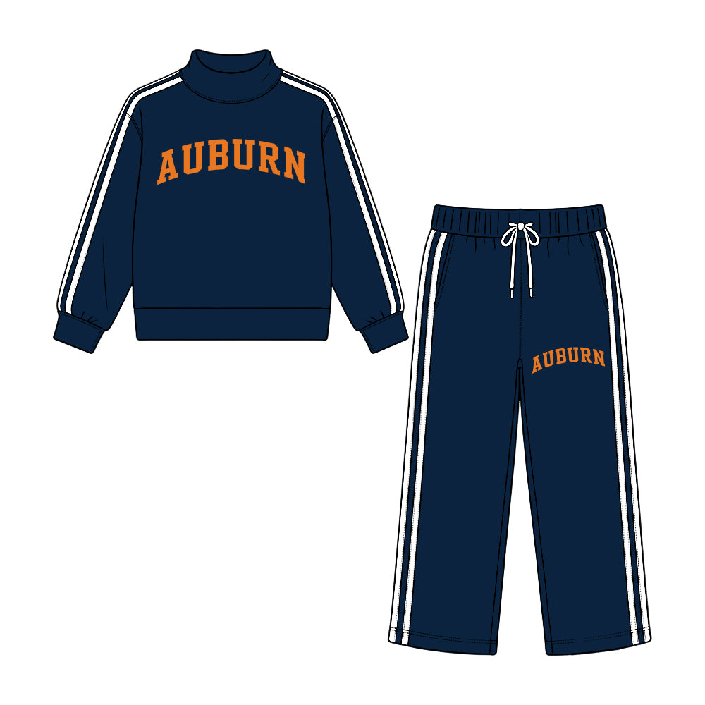 Preorder (moq 5) Baby Girl Clothes Navy Letter Graphic Print Long Sleeve Mock Neck Top Wide Leg Pant Outfit Set