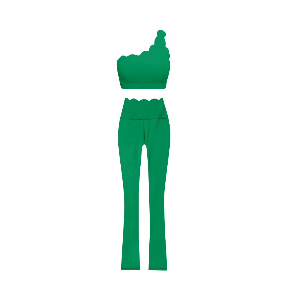 Preorder (moq 5)Baby Girls Green One Shoulder Scallop Top Bell Bottom Pants Yoga Sets