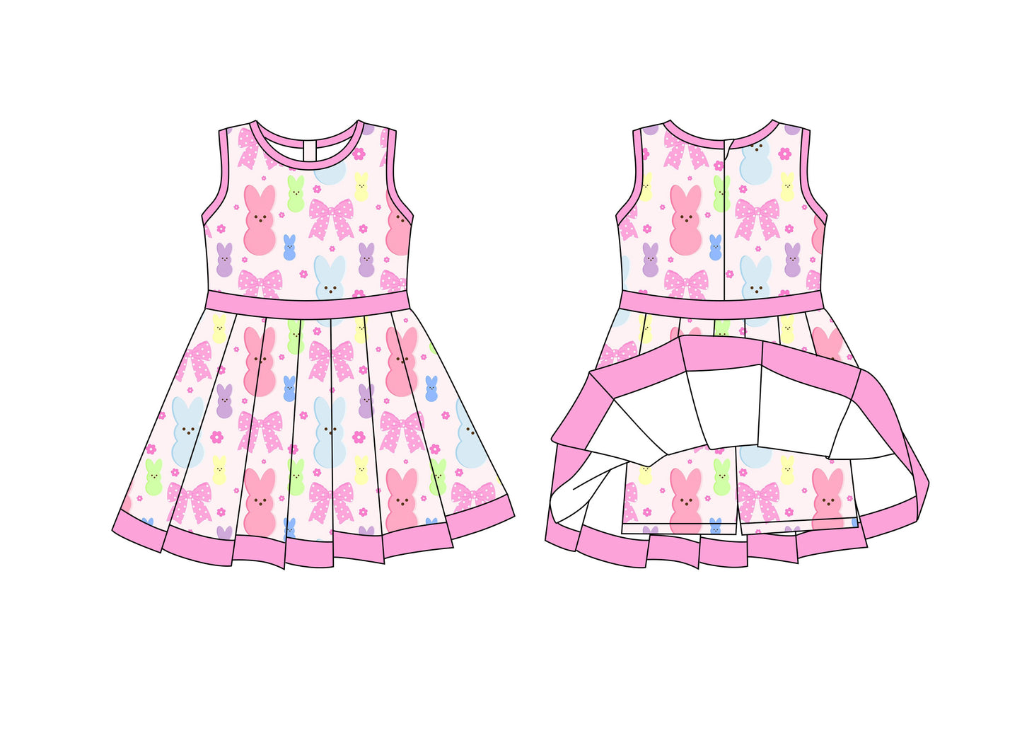 Preorder moq 8 Baby Girls Colorful Rabbits Flowers Back Zip Shorts Easter Ruffle Knee Length Dress