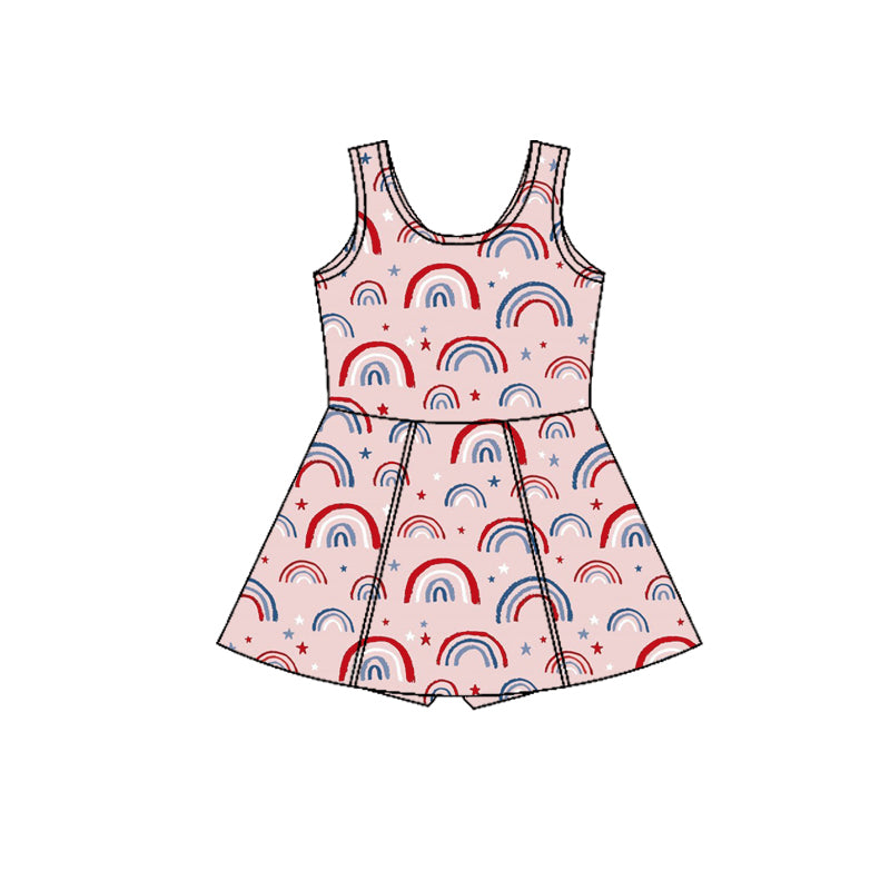 Preorder (moq 5)Baby Girls Pink Sleeveless Star Rainbows 4th of July Shorts Knee Length Dress