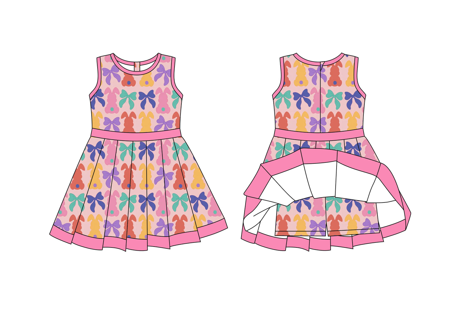 Preorder moq 8 Baby Girls Colorful Rabbits Bows Back Zip Shorts Easter Ruffle Knee Length Dress