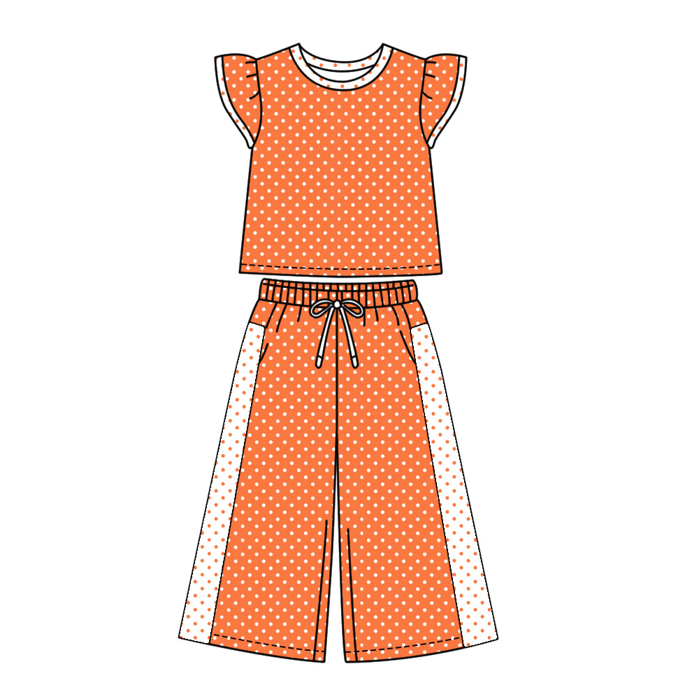 Preorder (moq 5)Baby Girls Orange Flutter Sleeve Polka Dots Top Flare Pant Clothes Set