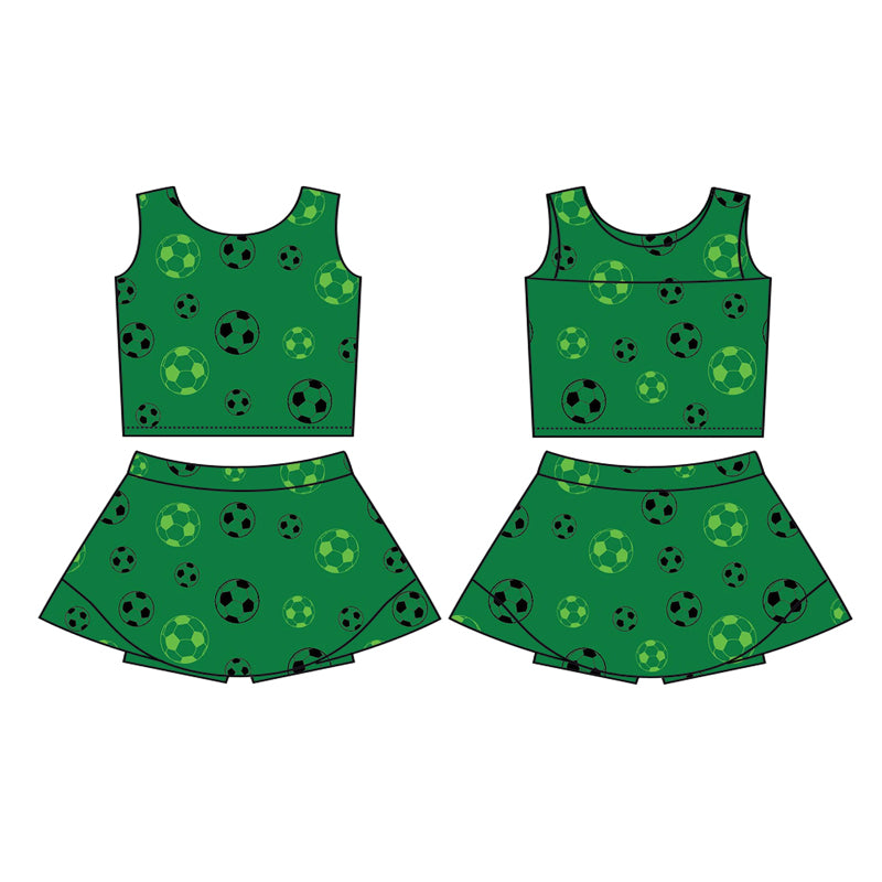 Preorder (moq 5)Baby Girls Dark Green Footballs Vest Top Skirt Shorts Team Clothes Sets