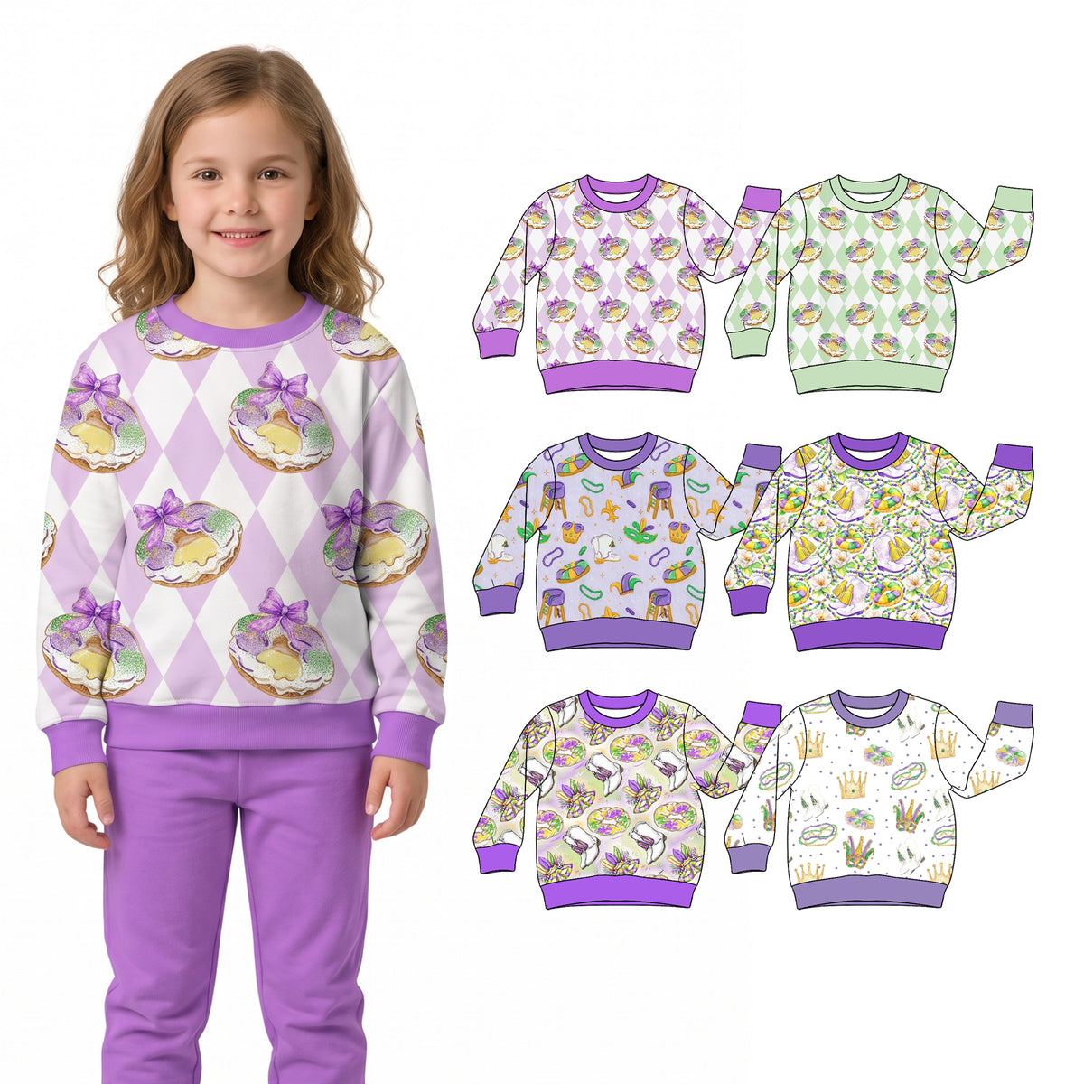 Preorder (moq 5) Baby Girl Clothes Mardi Gras King Cake Diamond Print Long Sleeve Top