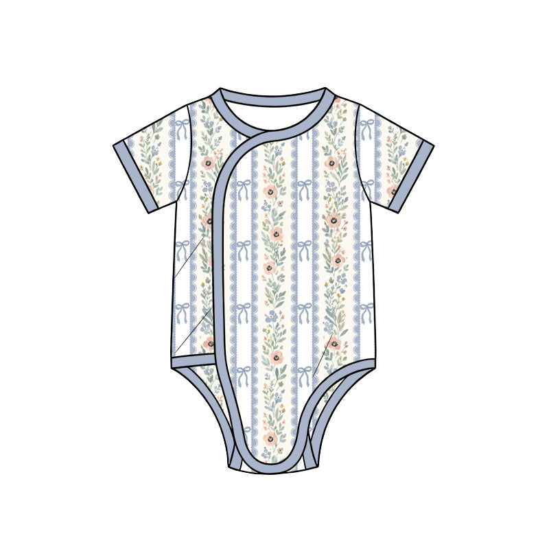 Preorder (moq 5) Baby Girl Clothes Blue Bow Wildflower Stripe Mixed Print Short Sleeve Side Snap Baby Bodysuit