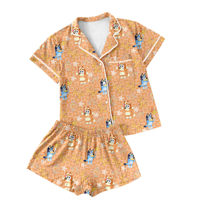 Preorder(moq 5)Adult Women Orange Plaid Flowers Cartoon Dogs Buttons Pocket Tee Shirts Shorts Pajamas Sets