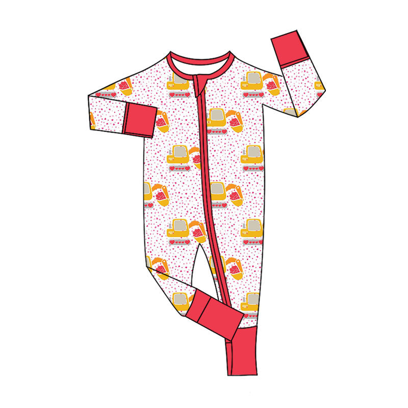 Preorder (moq 5)Baby Girls Hearts Excavators Valentines Two Way Zip Convertible Rompers