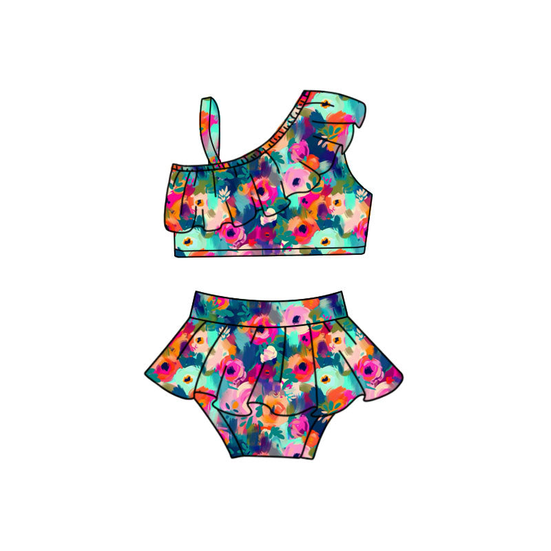 Preorder(moq 5) Baby Girls Colorful Floral One Strap Top Ruffle Bummies 2 Piece Swimsuits