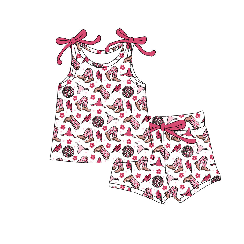 Preorder moq 5 Baby Girls Sleeveless Boot Cows Flowers Top Short Western Clothes Sets