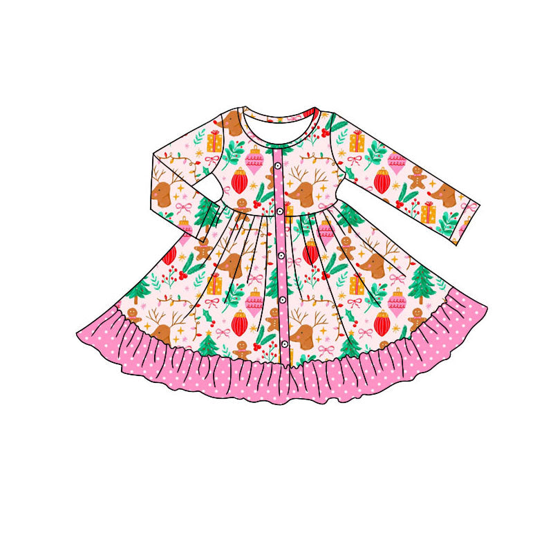 Preorder (moq 5)Baby Girls Gifts Deer Button Christmas Ruffle Knee Length Dresses
