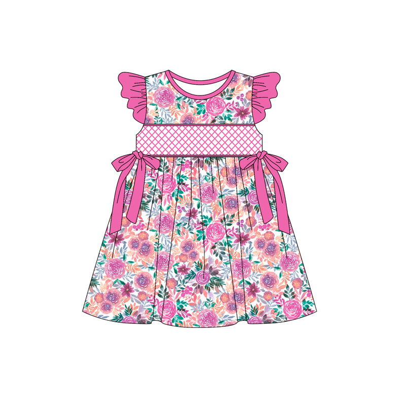 Preorder (moq 5)Baby Girls Hot Pink Flutter Sleeves Floral Bows Knee Length Dress