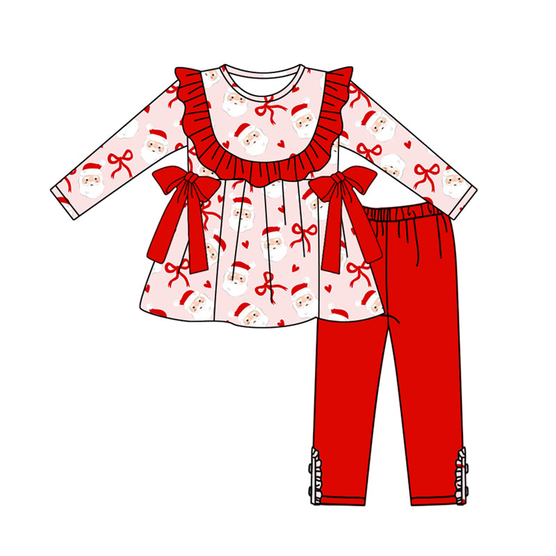 Preorder (moq 5)Baby Girls Red Long Sleeves Bows Santa Tunic Legging Pant Set